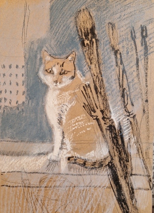 Кошка, стол, кисти